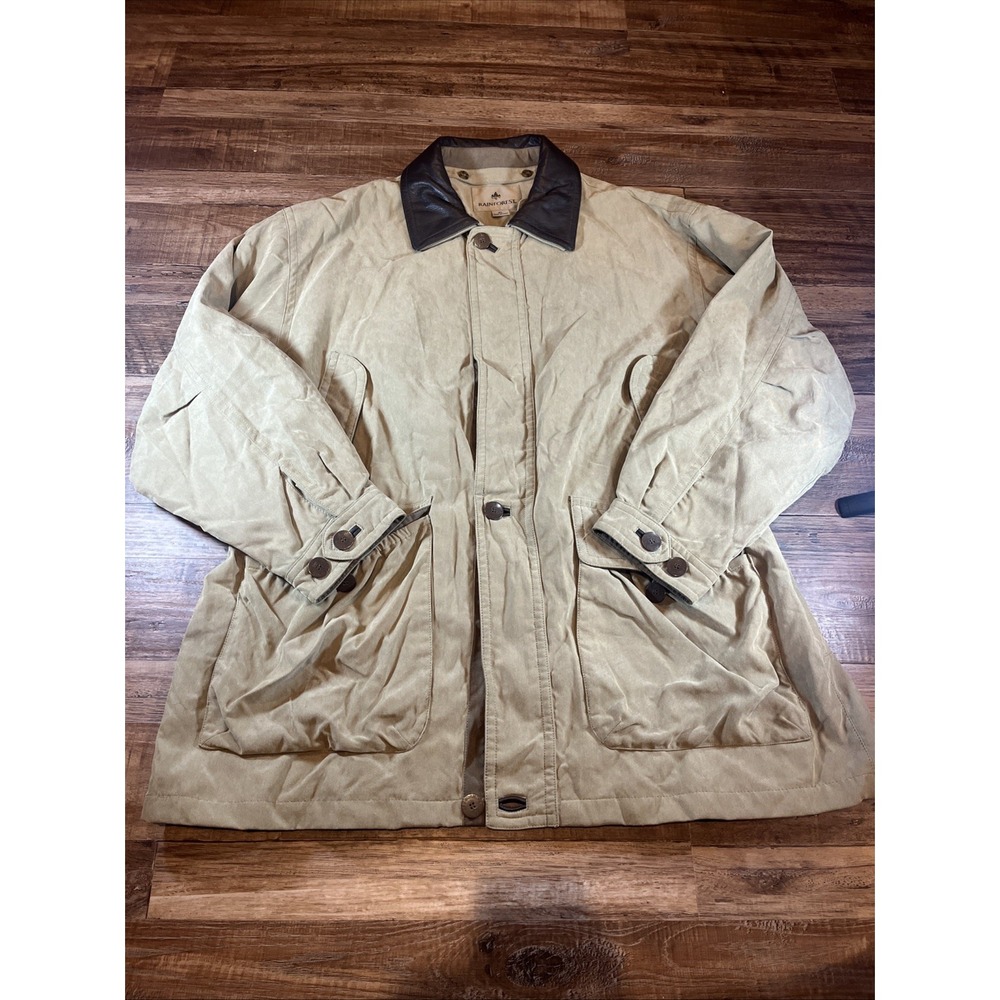 Rainforest Jacket Mens XL Taupe Down Insulated Leather Collar Zip Button Pockets